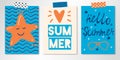 Set of three vector bright summer cards with starfish, flashing heart and hand written text. All isolated and layered