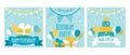 Set of three vector cards for children\'s birthday.Boy birthday card with gift, cake and baloons. Happy birthday card in light blu Royalty Free Stock Photo