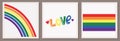 Set of three vector illustrations of LGBT community. Heart, rainbow and flag. Love inscription. LGBTQ symbols and colors. Human