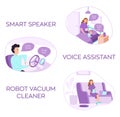 Set of three vector illustrations on the theme of the Internet of things. The robot vacuum cleaner, voice assistant and Royalty Free Stock Photo