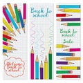 Set of three vertical banners with multicolored pencils.