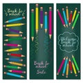 Set of three vertical banners with multicolored pencils.