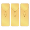 Set of three vertical gold envelope with label on a white background.