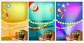 Set of three vertical New Year banners with Christmas cartoon home interior with hot fireplace Royalty Free Stock Photo