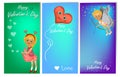 Set of three vertical Valentine`s Day banners with cute kids in costume Royalty Free Stock Photo