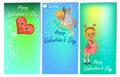 Set of three vertical Valentine`s Day banners with cute kids in costume. Royalty Free Stock Photo