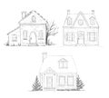 Set of three vintage sketches of village houses