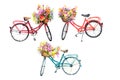 Set of three watercolor bicycles with flowers on white background