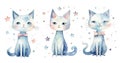 Set of three watercolor cute cats in scandinavian style and stars Royalty Free Stock Photo