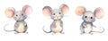 Set of three watercolor cute childish mice isolated on white background Royalty Free Stock Photo