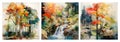 Set of three watercolor painting of forest and waterfall