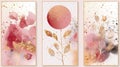 Set of three watercolor paintings with blush pink florals and gold splatters. Concept of abstract art, botanical