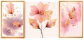 A set of three watercolor paintings with blush pink florals and gold splatters. Concept of abstract art, botanical