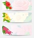 Set of three web banners with bouquets of flowers. Red roses bud, yellow daffodils and pink orchid. Royalty Free Stock Photo
