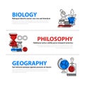 Set of three web banners about education and college subjects in flat illustration style. Biology, philosophy and geography. Royalty Free Stock Photo