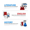 Set of three web banners about education and college subjects in flat illustration style. Literature, English and history. Royalty Free Stock Photo