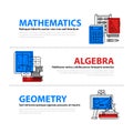 Set of three web banners about education and college subjects in flat illustration style. Mathematics, algebra and geometry. Royalty Free Stock Photo