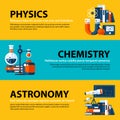 Set of three web banners about education and college subjects in flat illustration style. Physics, chemistry and astronomy.