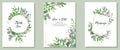 Set of three wedding cards, watercolor greenery and golden frames