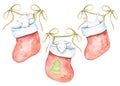 Watercolor of three white mise in Christmas socks Royalty Free Stock Photo