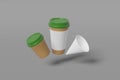 Set of three white paper mockup cups of different sizes - large, small and cone shaped fly on a grey background. 3D rendering Royalty Free Stock Photo