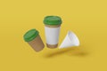 Set of three white paper mockup cups of different sizes - large, small and cone shaped fly on a yellow background. 3D rendering Royalty Free Stock Photo