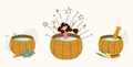 A set of three wooden tubs for the sauna as a gift. Water spoon and oak broom. Vector with a girl bathing in a font Royalty Free Stock Photo