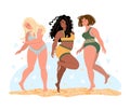 Set of three young plus size women in swimsuits dancing on the beach. Happy people drawing in flat style. International Women`s