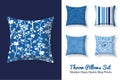 Set Of Throw Pillows In Matching Modern Denim Blue and Navy Patterns. Square Shape. Editable Vector Template.