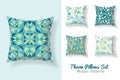 Set Of Throw Pillows In Matching Unique Abstract Geometric Seamless Patterns. Square Shape. Editable Vector Template.