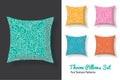 Set Of Throw Pillows In Matching Unique Natural Doodle Seamless Patterns. Square Shape. Editable Vector Template.