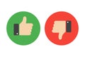 Set of thumb up and down on green and red background. Isolated vector signs in trandy fkat style Royalty Free Stock Photo