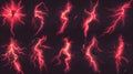 Set of thunder game lightning effects moderns. Isolated magic red neon effects for animation. Strike png element for