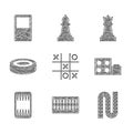 Set Tic tac toe game, Board, Toy building block bricks, Backgammon board, Checker chips, Chess and Tetris icon. Vector Royalty Free Stock Photo