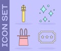 Set Ticket, Magic staff, Magician hat and rabbit ears and Sparkle stars with magical glitter icon. Vector Royalty Free Stock Photo