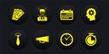 Set Tie, Human head with gear inside, Megaphone, Clock, Calendar and Face recognition icon. Vector Royalty Free Stock Photo