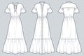 Set of Tiered Dress technical fashion illustration. Flounce Sleeve Dress fashion flat technical drawing template