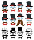 Set ties bow with hats and glasses with mustaches style Royalty Free Stock Photo