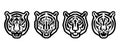 Set of tiger heads with open mouth and bared fangs, with different angry expressions of the muzzle. Symbols for tattoo