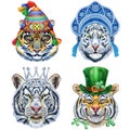 Set of tiger portraits. Wild animal watercolor illustration on white background