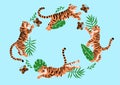 Set of tigers playing with butterflies and tropical leaves on a blue background. Vector graphics Royalty Free Stock Photo