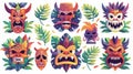 Set of Tiki masks on white background. Modern illustration of wood totems with traditional Hawaiian traits, scary faces Royalty Free Stock Photo