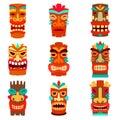 Set of tiki statues in cartoon style. Design element for logo, label, sign, emblem. Royalty Free Stock Photo