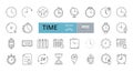 Set of 28 time icons with editable stroke. Linear icon of clock, wall, cuckoo, hourglass, fitness tracker, alarm clock, calendar