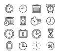 Set of time icons. Time and clock thin line. Stopwatch, calendar, clock, hourglass, alarm clock, wristwatch, wall clock.