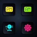 Set Time Management, Day time, Ringing alarm bell and Morning. Black square button. Vector