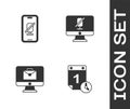 Set Time management, Mute microphone on mobile, Online working and computer icon. Vector Royalty Free Stock Photo