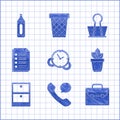 Set Time Management, Telephone handset and speech bubble chat, Briefcase, Flowers in pot, Archive papers drawer, File