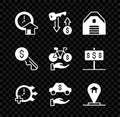 Set Time is money, Rent key, Garage, Clock, Car rental, Location house, and Bicycle mobile app icon. Vector Royalty Free Stock Photo