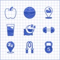 Set Time to sleep, Jump rope, Weight, Dumbbell, Sleepy, Glass with water, Bodybuilder muscle and Apple icon. Vector